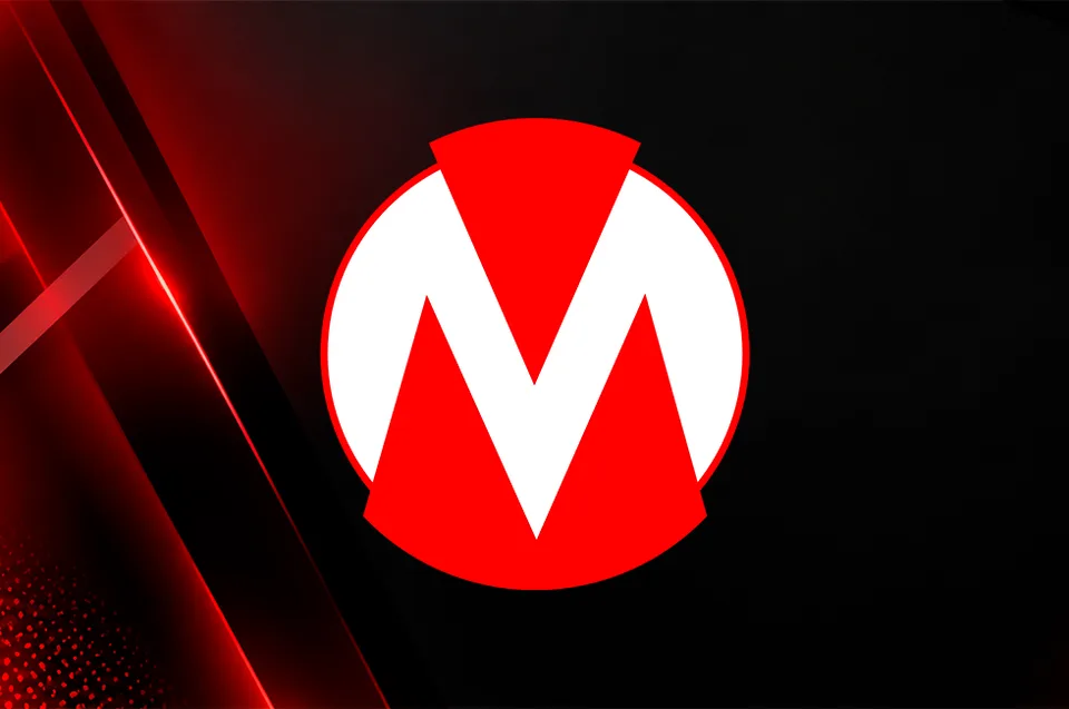 Logo da MarjoSports: a letra M branca dentro de um círculo vermelho, sobre fundo escuro com faixas vermelhas.