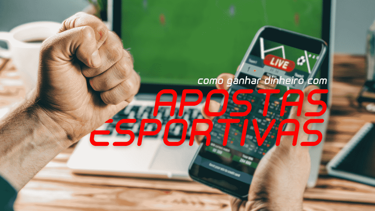 Pessoa segurando o celular em um site de apostas esportivas atrás do texto "como ganhar dinheiro com apostas esportivas"