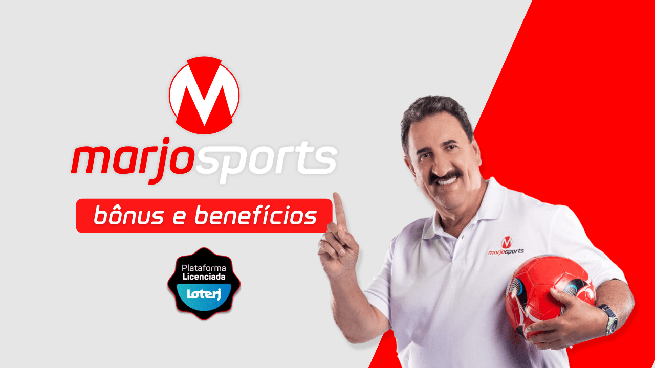 foto do apresentador ratinho vestindo a camisa da marjosports em frente a um fundo cinza claro e vermelho ao lado da logo marca e texto "Marjosports bônus e benefícios"