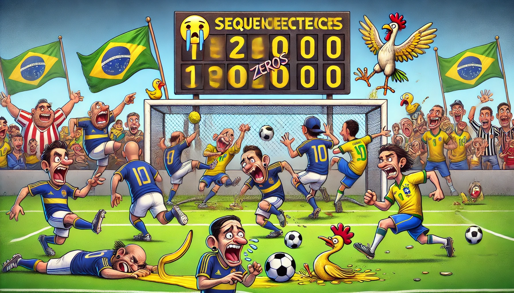Uma ilustração humorística e caricata retrata uma sequência de derrotas no futebol brasileiro. A cena apresenta jogadores de times brasileiros em estilo cartunesco, com expressões exageradas de desespero e frustração. No centro, um placar irreverente destaca a palavra "SEQUÊNCIAS" com emojis de choro, simbolizando uma sequência sem vitórias. Ao redor, jogadores escorregam em bananas, erram chutes e tentam desesperadamente evitar gols. Bandeiras brasileiras ao fundo representam a torcida que, apesar da situação caótica, exibe emoção e incredulidade. Um galo e um pato adicionam um toque surreal e engraçado à cena.