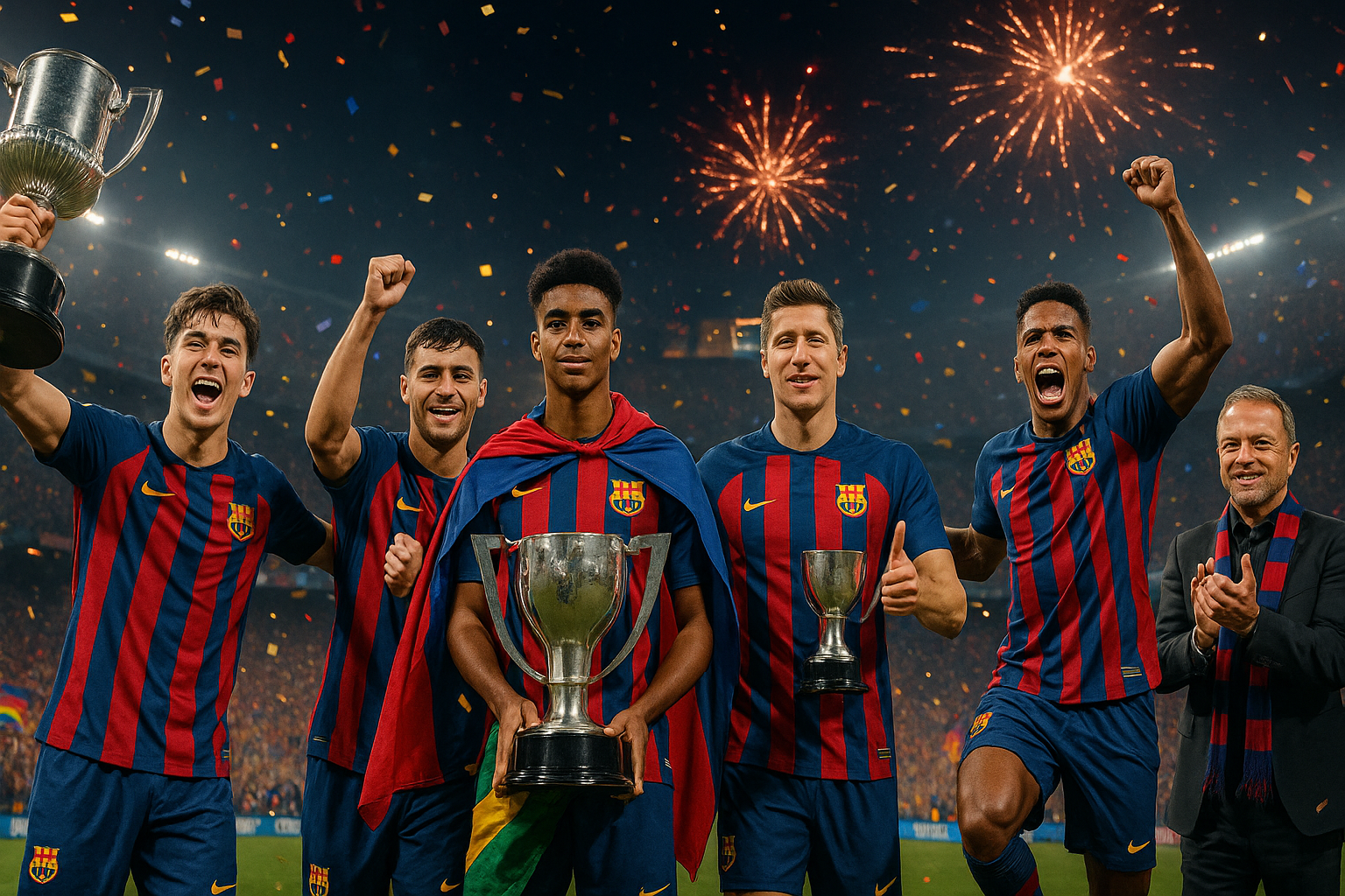 Jogadores do Barcelona levantam troféu da La Liga 2025