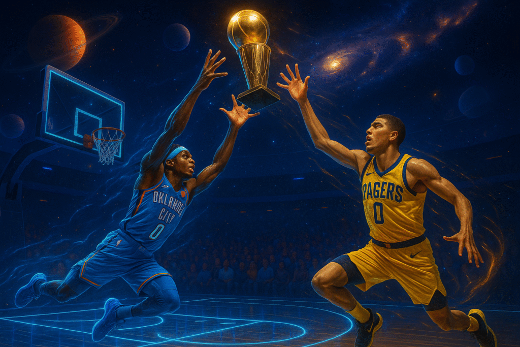 Thunder e Pacers disputam o troféu na final da NBA 2025 em imagem gerada por inteligência artificial.